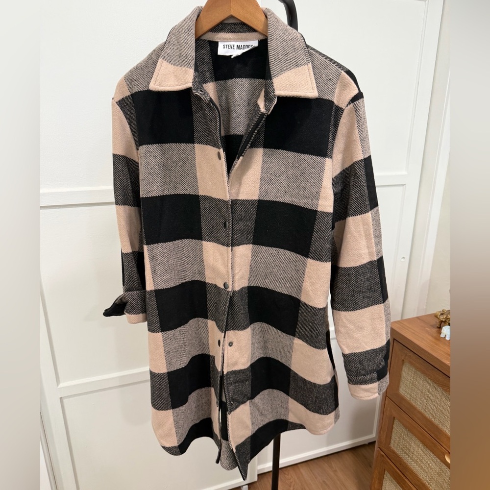 Steve Madden Black and Beige Plaid Oversized Button-Up Jacket